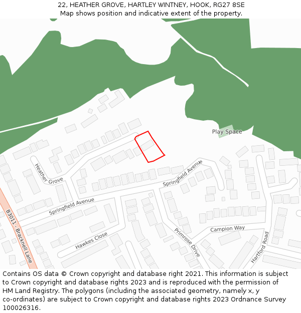 22, HEATHER GROVE, HARTLEY WINTNEY, HOOK, RG27 8SE: Location map and indicative extent of plot