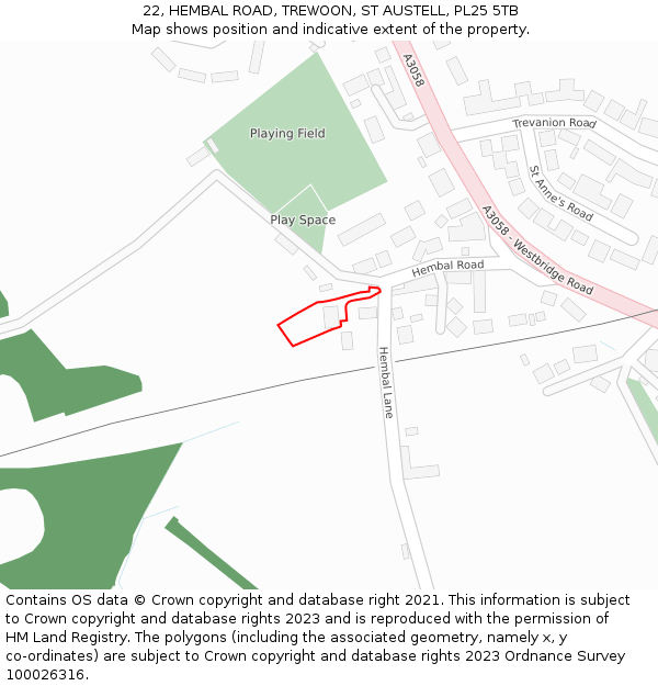 22, HEMBAL ROAD, TREWOON, ST AUSTELL, PL25 5TB: Location map and indicative extent of plot