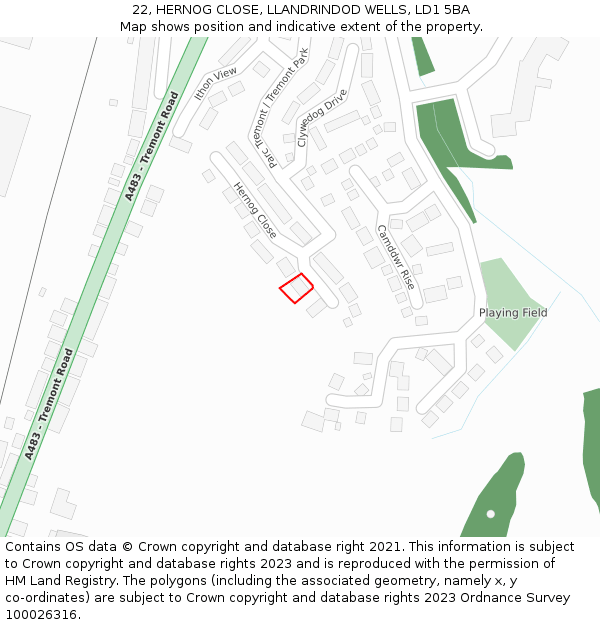 22, HERNOG CLOSE, LLANDRINDOD WELLS, LD1 5BA: Location map and indicative extent of plot