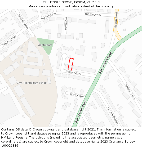 22, HESSLE GROVE, EPSOM, KT17 1JS: Location map and indicative extent of plot