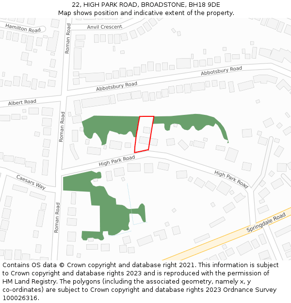 22, HIGH PARK ROAD, BROADSTONE, BH18 9DE: Location map and indicative extent of plot