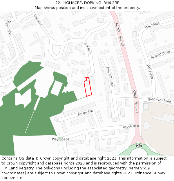 22, HIGHACRE, DORKING, RH4 3BF: Location map and indicative extent of plot