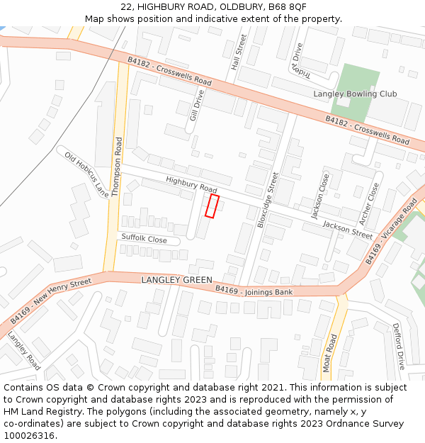 22, HIGHBURY ROAD, OLDBURY, B68 8QF: Location map and indicative extent of plot