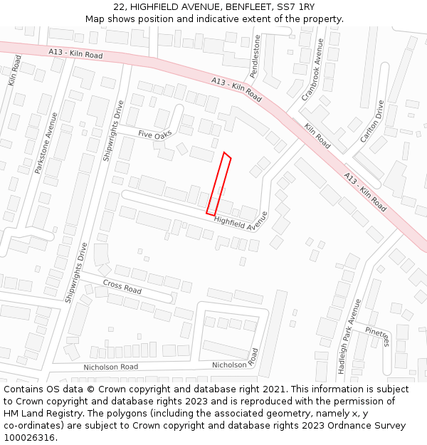 22, HIGHFIELD AVENUE, BENFLEET, SS7 1RY: Location map and indicative extent of plot