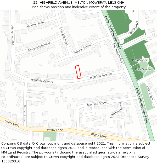 22, HIGHFIELD AVENUE, MELTON MOWBRAY, LE13 0NH: Location map and indicative extent of plot