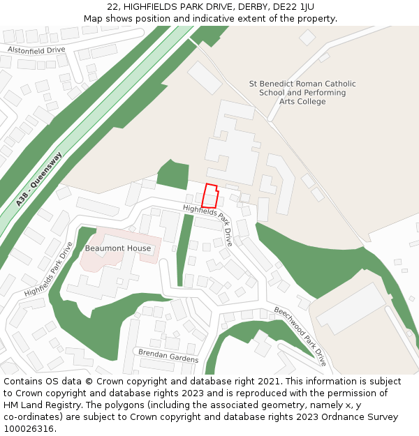 22, HIGHFIELDS PARK DRIVE, DERBY, DE22 1JU: Location map and indicative extent of plot