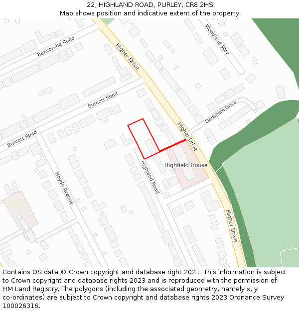 22, HIGHLAND ROAD, PURLEY, CR8 2HS: Location map and indicative extent of plot