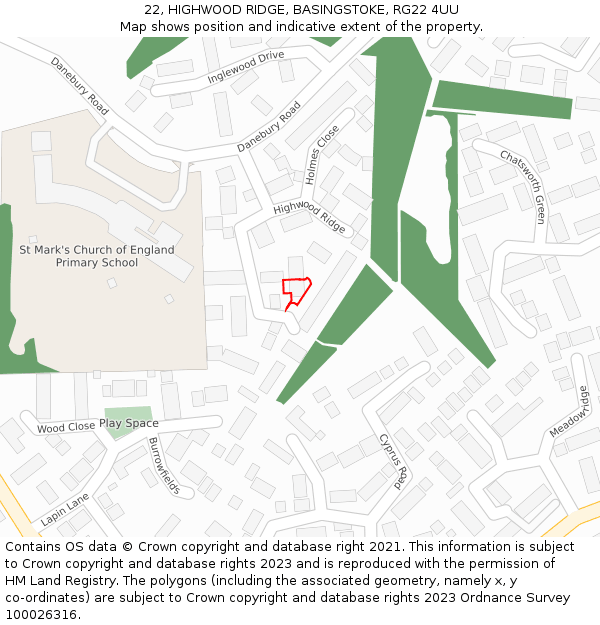 22, HIGHWOOD RIDGE, BASINGSTOKE, RG22 4UU: Location map and indicative extent of plot