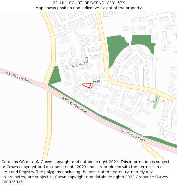 22, HILL COURT, BRIDGEND, CF31 5BX: Location map and indicative extent of plot