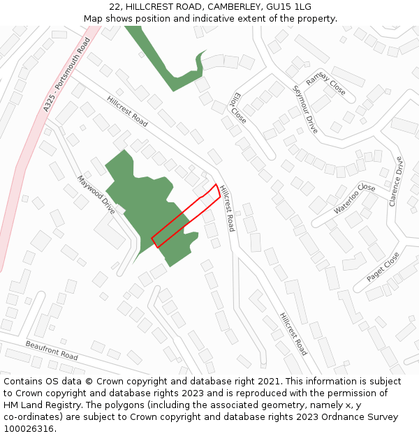 22, HILLCREST ROAD, CAMBERLEY, GU15 1LG: Location map and indicative extent of plot