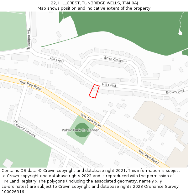 22, HILLCREST, TUNBRIDGE WELLS, TN4 0AJ: Location map and indicative extent of plot