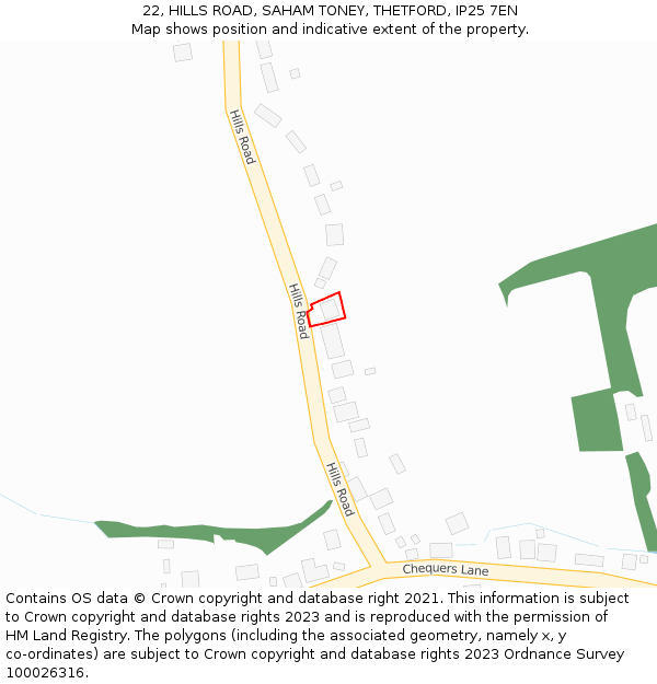 22, HILLS ROAD, SAHAM TONEY, THETFORD, IP25 7EN: Location map and indicative extent of plot