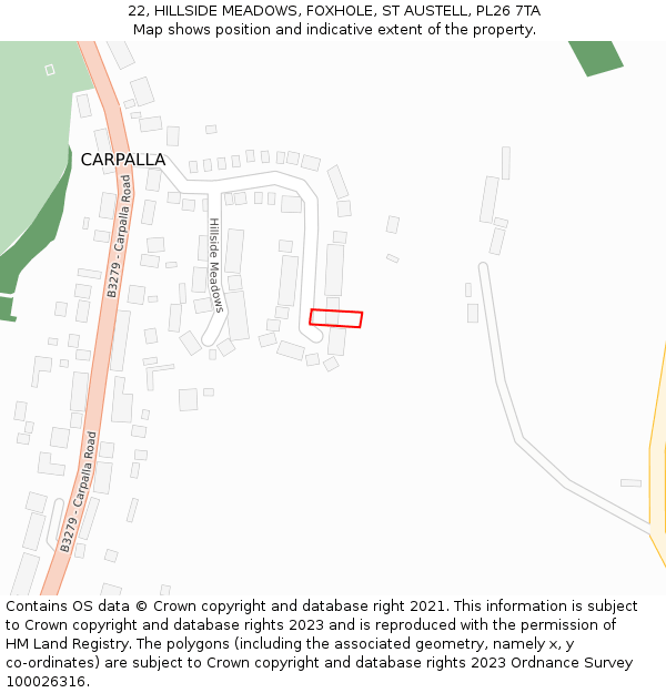 22, HILLSIDE MEADOWS, FOXHOLE, ST AUSTELL, PL26 7TA: Location map and indicative extent of plot