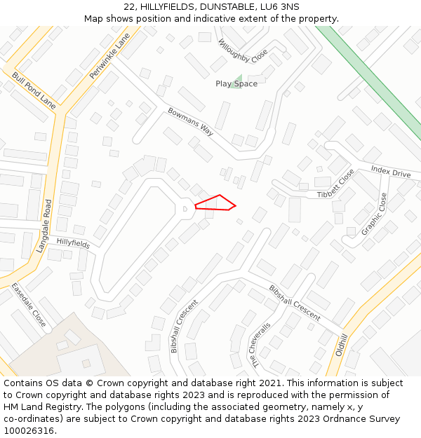 22, HILLYFIELDS, DUNSTABLE, LU6 3NS: Location map and indicative extent of plot