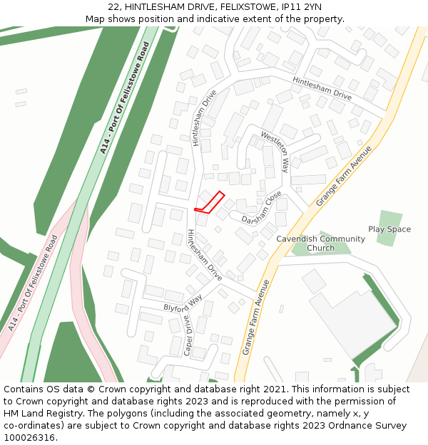 22, HINTLESHAM DRIVE, FELIXSTOWE, IP11 2YN: Location map and indicative extent of plot