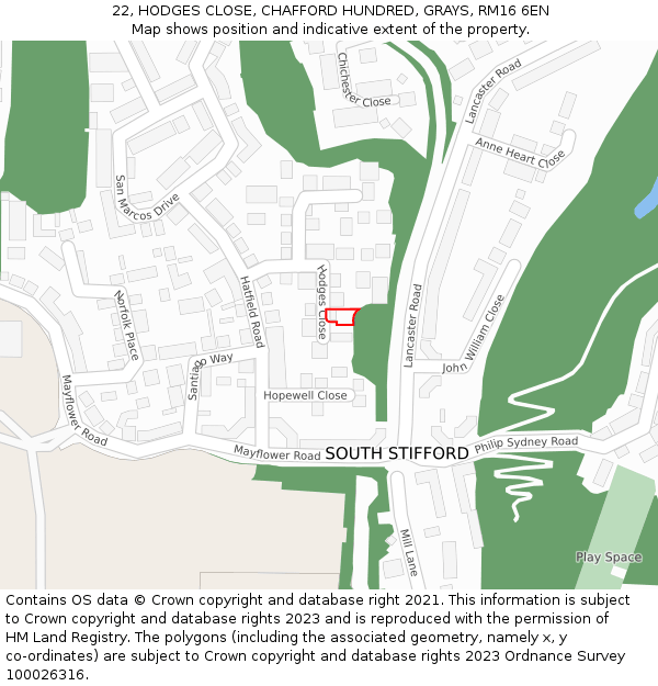 22, HODGES CLOSE, CHAFFORD HUNDRED, GRAYS, RM16 6EN: Location map and indicative extent of plot