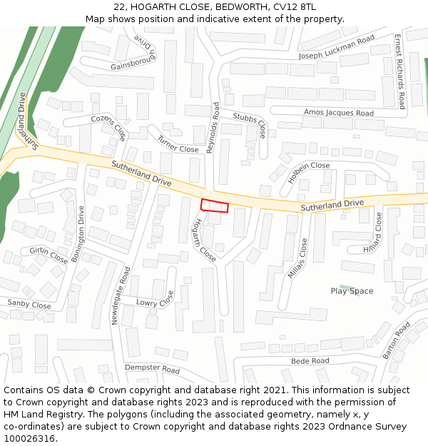 22, HOGARTH CLOSE, BEDWORTH, CV12 8TL: Location map and indicative extent of plot