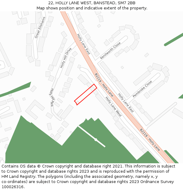 22, HOLLY LANE WEST, BANSTEAD, SM7 2BB: Location map and indicative extent of plot