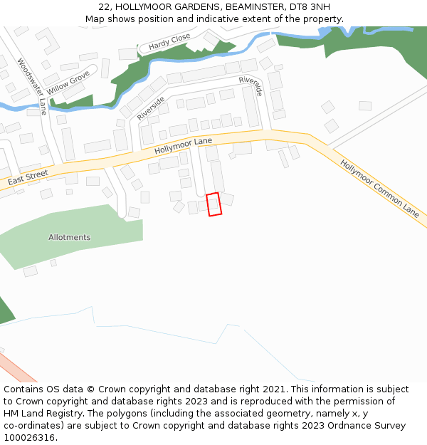 22, HOLLYMOOR GARDENS, BEAMINSTER, DT8 3NH: Location map and indicative extent of plot