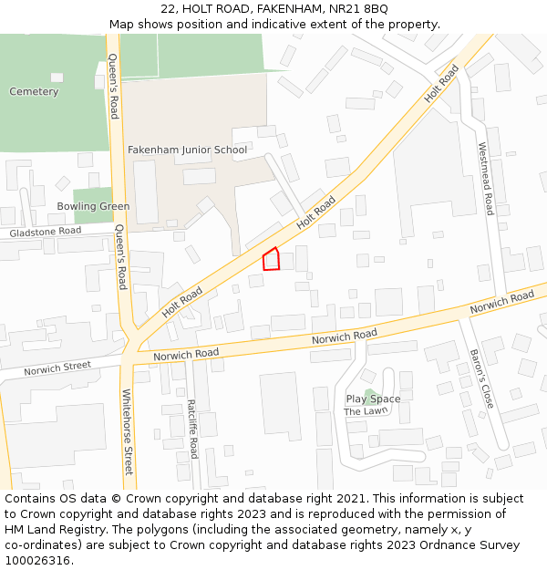 22, HOLT ROAD, FAKENHAM, NR21 8BQ: Location map and indicative extent of plot