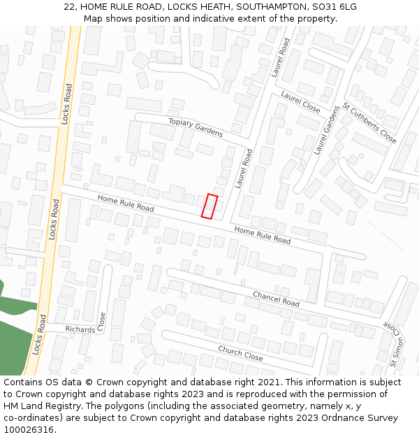 22, HOME RULE ROAD, LOCKS HEATH, SOUTHAMPTON, SO31 6LG: Location map and indicative extent of plot