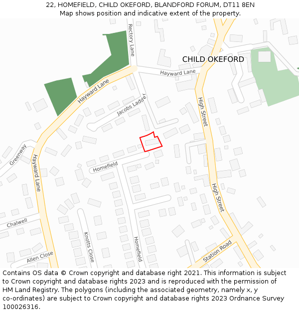 22, HOMEFIELD, CHILD OKEFORD, BLANDFORD FORUM, DT11 8EN: Location map and indicative extent of plot