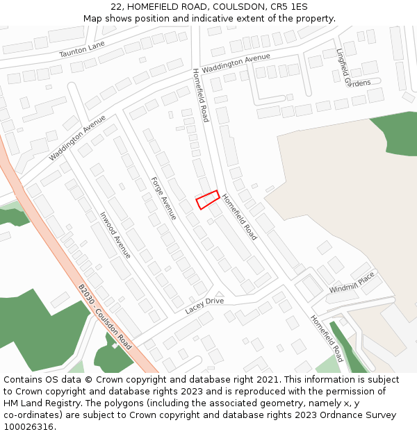 22, HOMEFIELD ROAD, COULSDON, CR5 1ES: Location map and indicative extent of plot