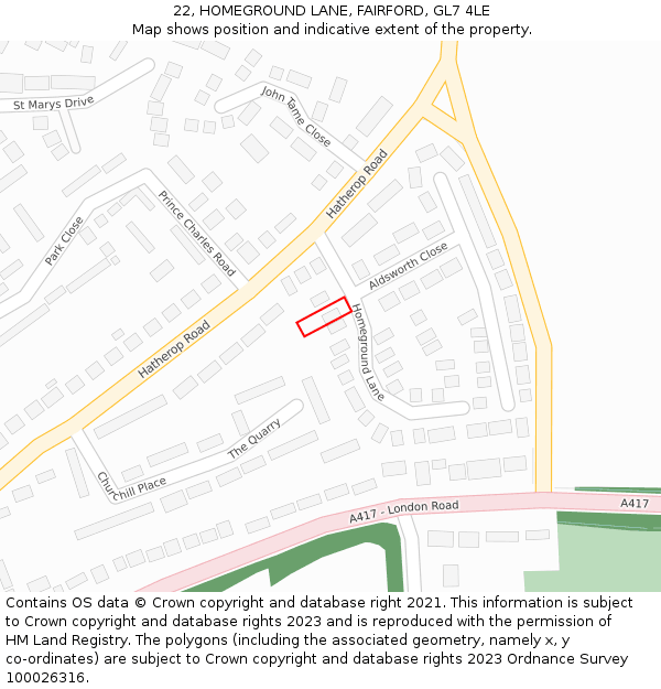 22, HOMEGROUND LANE, FAIRFORD, GL7 4LE: Location map and indicative extent of plot