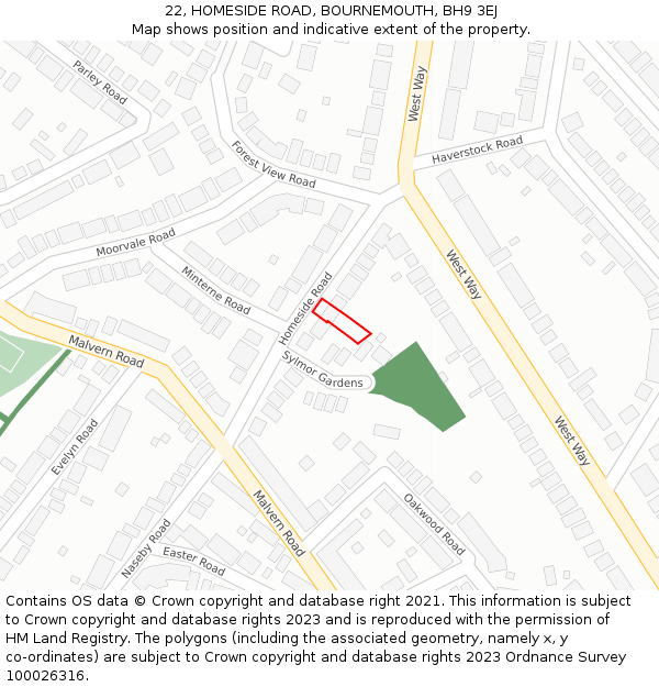 22, HOMESIDE ROAD, BOURNEMOUTH, BH9 3EJ: Location map and indicative extent of plot