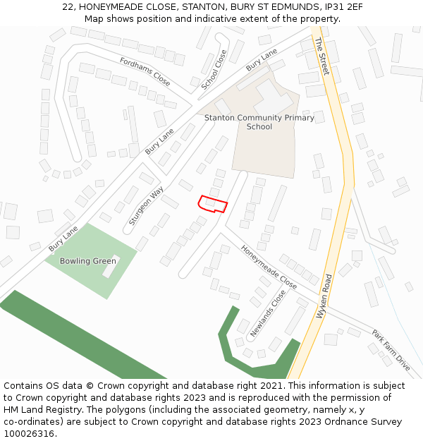 22, HONEYMEADE CLOSE, STANTON, BURY ST EDMUNDS, IP31 2EF: Location map and indicative extent of plot