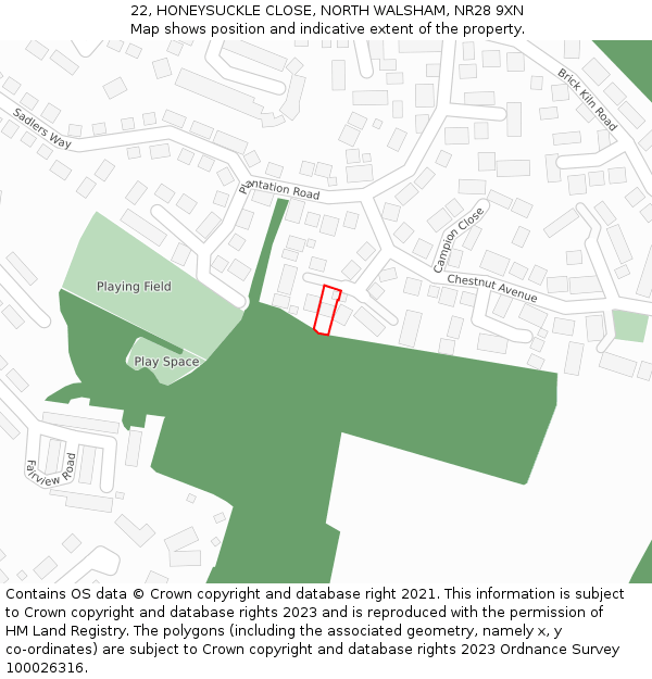 22, HONEYSUCKLE CLOSE, NORTH WALSHAM, NR28 9XN: Location map and indicative extent of plot