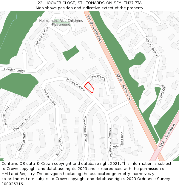 22, HOOVER CLOSE, ST LEONARDS-ON-SEA, TN37 7TA: Location map and indicative extent of plot