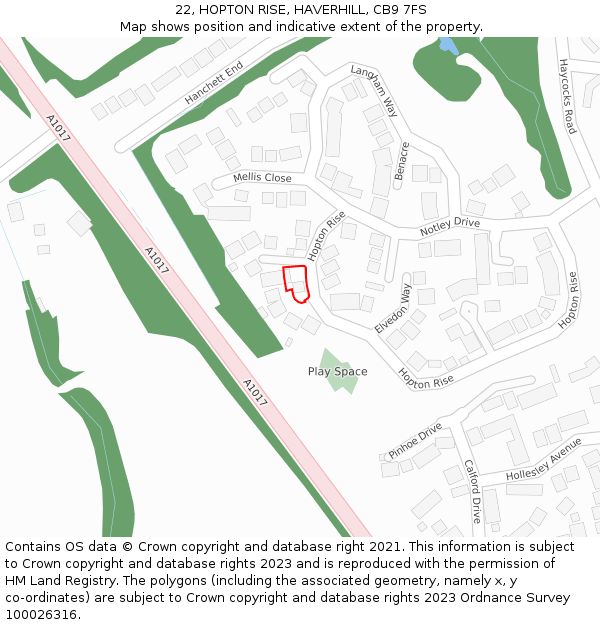 22, HOPTON RISE, HAVERHILL, CB9 7FS: Location map and indicative extent of plot