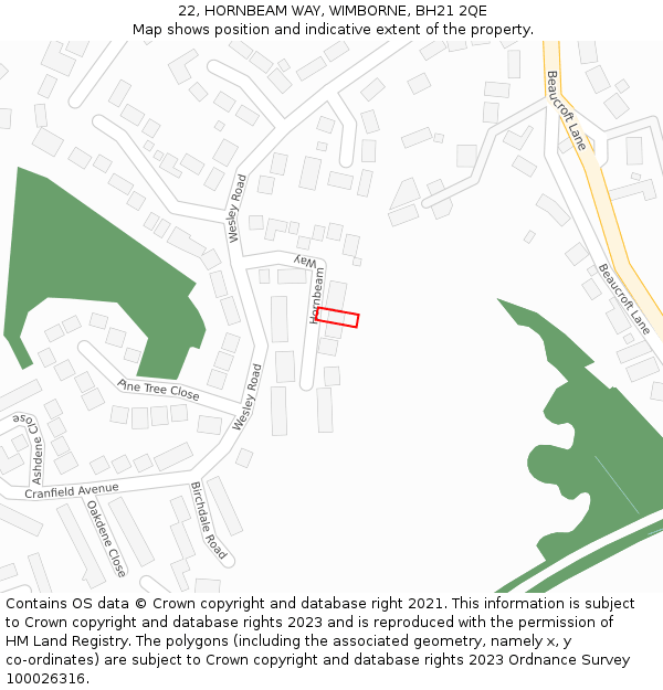 22, HORNBEAM WAY, WIMBORNE, BH21 2QE: Location map and indicative extent of plot