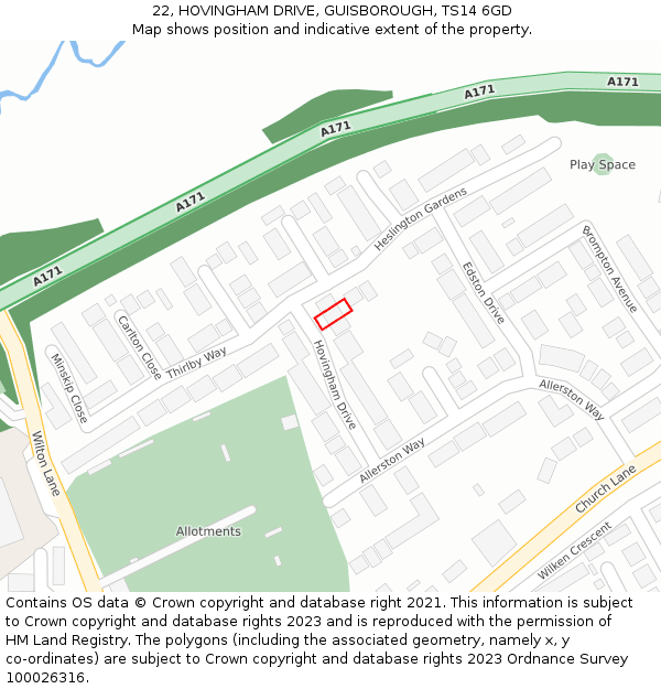 22, HOVINGHAM DRIVE, GUISBOROUGH, TS14 6GD: Location map and indicative extent of plot