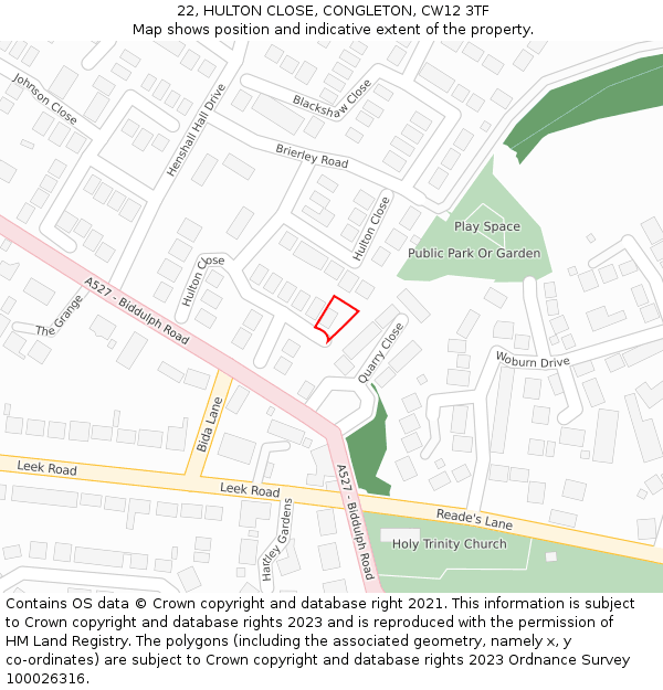 22, HULTON CLOSE, CONGLETON, CW12 3TF: Location map and indicative extent of plot