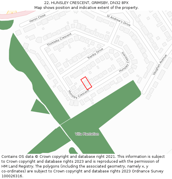 22, HUNSLEY CRESCENT, GRIMSBY, DN32 8PX: Location map and indicative extent of plot
