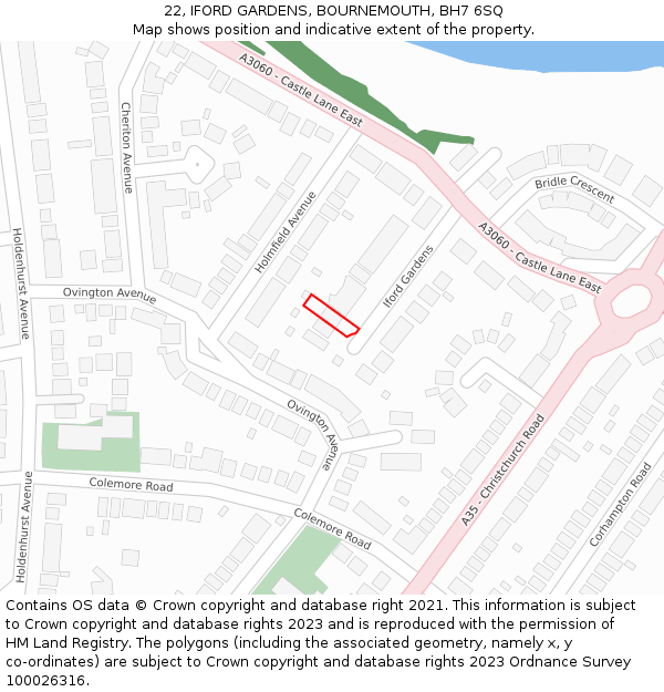 22, IFORD GARDENS, BOURNEMOUTH, BH7 6SQ: Location map and indicative extent of plot