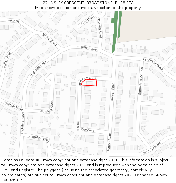 22, INSLEY CRESCENT, BROADSTONE, BH18 9EA: Location map and indicative extent of plot