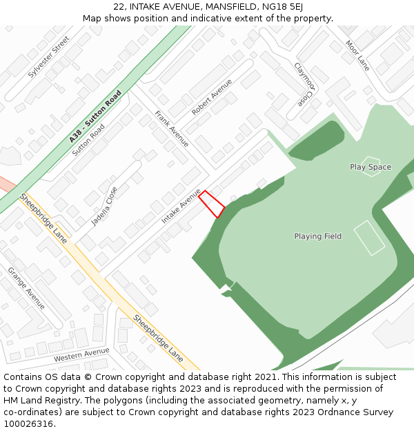 22, INTAKE AVENUE, MANSFIELD, NG18 5EJ: Location map and indicative extent of plot