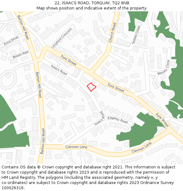 22, ISAACS ROAD, TORQUAY, TQ2 8NB: Location map and indicative extent of plot