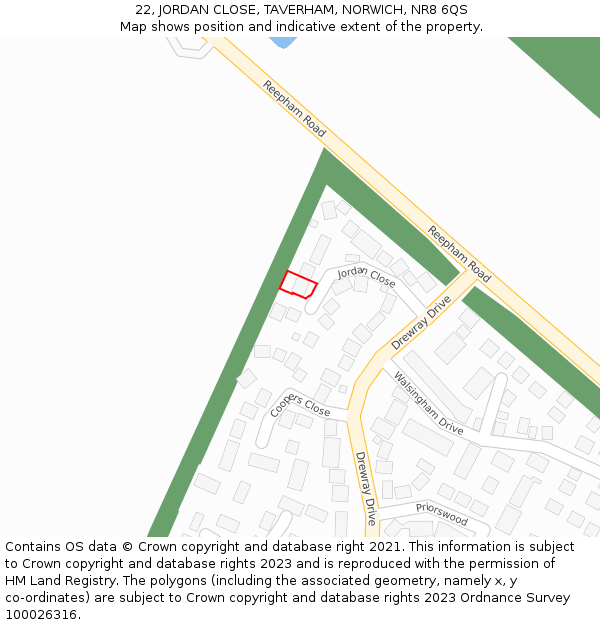 22, JORDAN CLOSE, TAVERHAM, NORWICH, NR8 6QS: Location map and indicative extent of plot