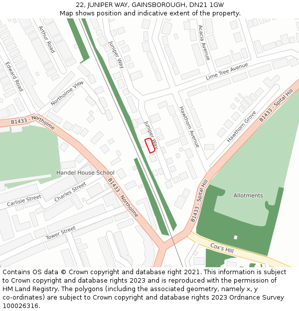 22, JUNIPER WAY, GAINSBOROUGH, DN21 1GW: Location map and indicative extent of plot