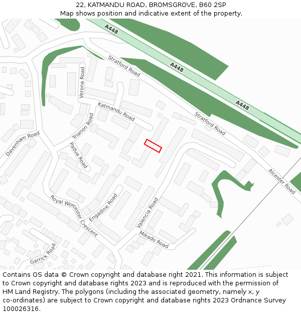 22, KATMANDU ROAD, BROMSGROVE, B60 2SP: Location map and indicative extent of plot