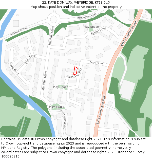 22, KAYE DON WAY, WEYBRIDGE, KT13 0UX: Location map and indicative extent of plot