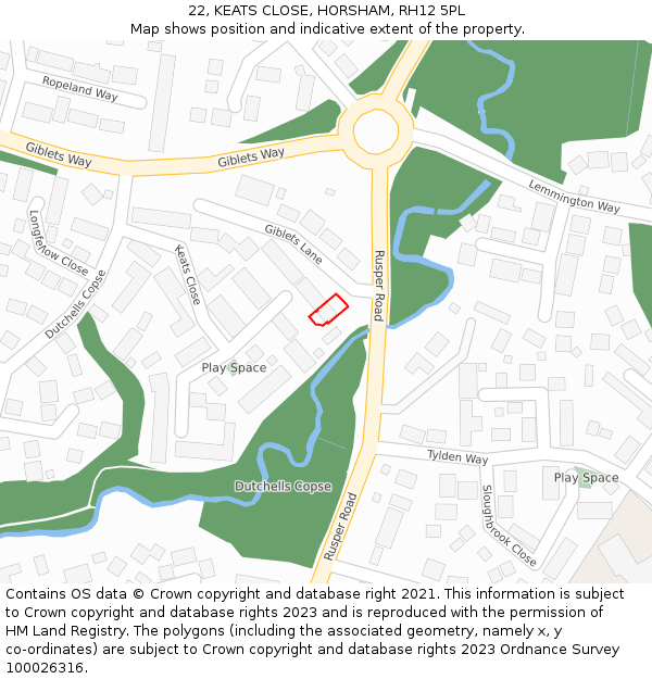 22, KEATS CLOSE, HORSHAM, RH12 5PL: Location map and indicative extent of plot