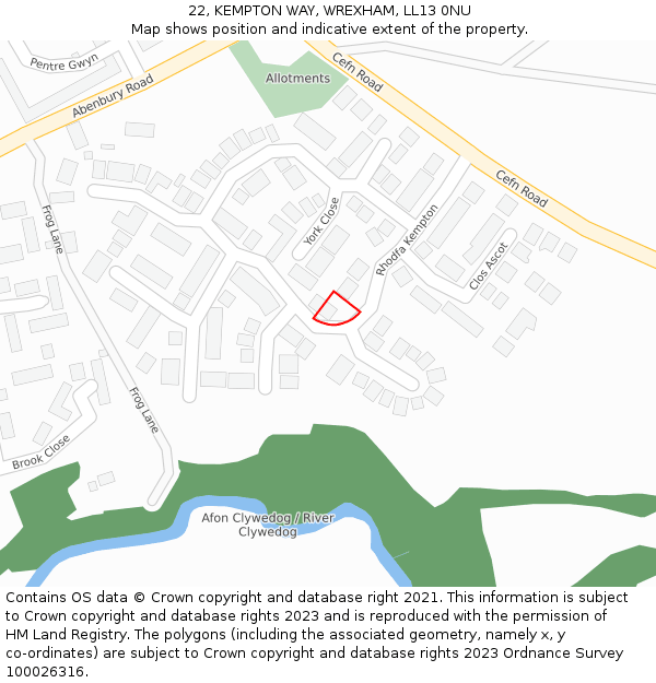 22, KEMPTON WAY, WREXHAM, LL13 0NU: Location map and indicative extent of plot