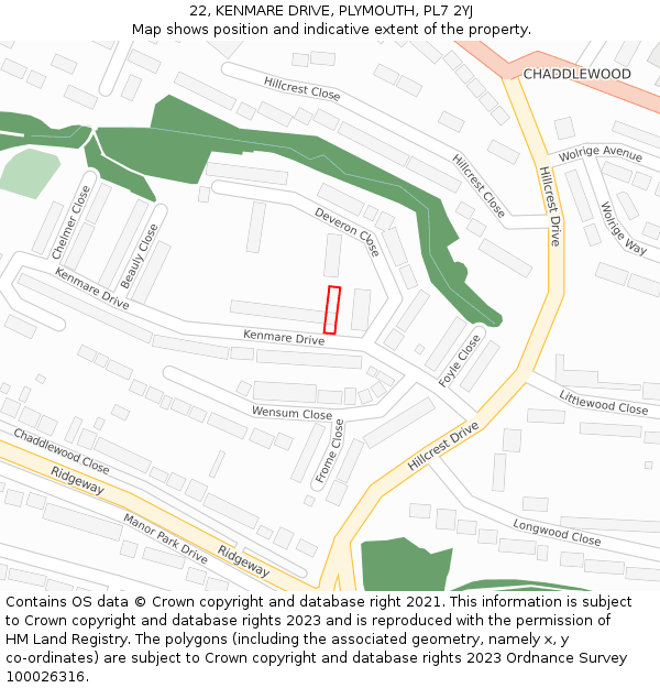 22, KENMARE DRIVE, PLYMOUTH, PL7 2YJ: Location map and indicative extent of plot