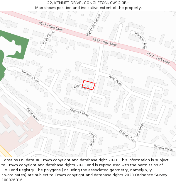 22, KENNET DRIVE, CONGLETON, CW12 3RH: Location map and indicative extent of plot