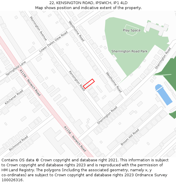 22, KENSINGTON ROAD, IPSWICH, IP1 4LD: Location map and indicative extent of plot